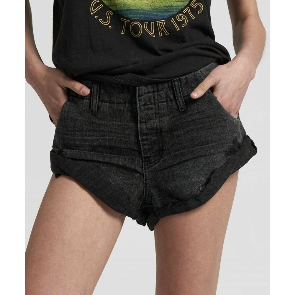 One Teaspoon Bandit Shorts Jeans Sz 26 xs Volcanic Black Distressed Low Roll